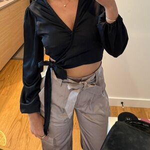 Abercrombie & Fitch Cropped Satin Long Sleeve Wrap Top - Black - M